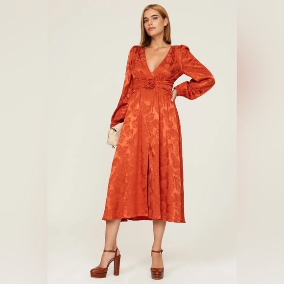 Love, Whit Dresses & Skirts - Love Whit Burnt Orange Satin Jacquard Long Sleeve Midi Dress L Wedding Guest